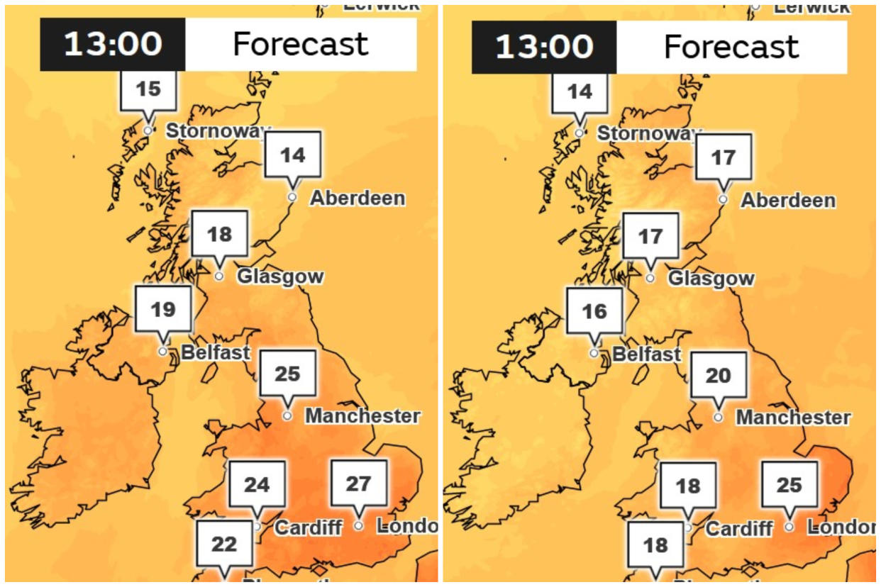 Contrasting temperature forecasts shown for 1pm on Wednesday and 1pm on Thursday. (Met Office)