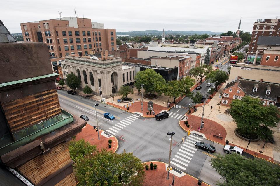 Looking northwest across Continental Square from the roof of the Rupp-Schmidt Building at 2 West Market Street in York.