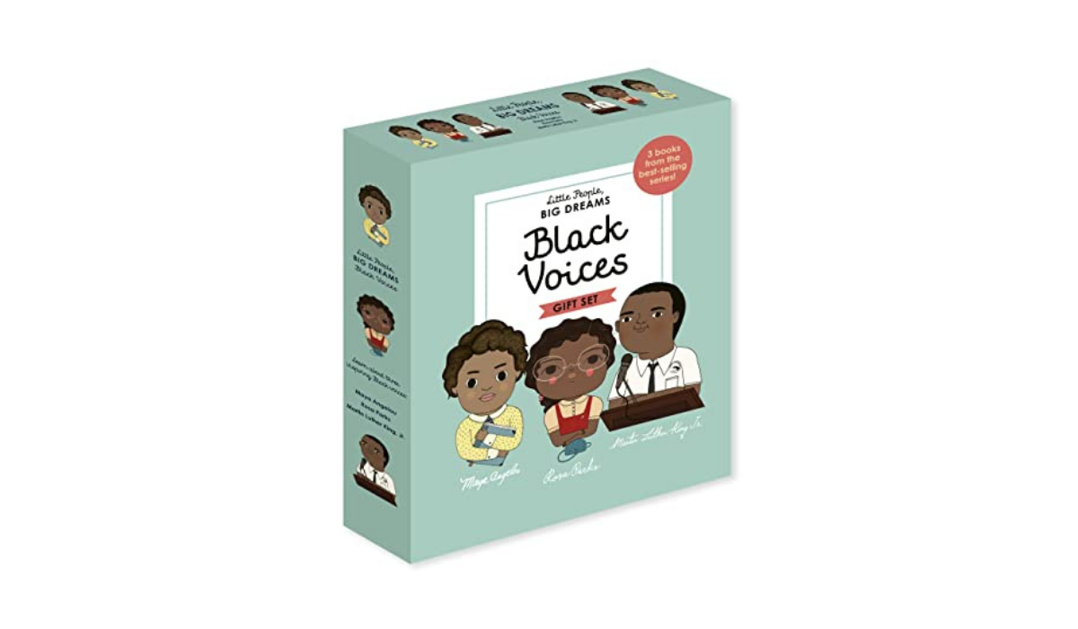 Mint green box with illustrations of MLK Jr., Maya Angelou and Rosa Parks. 