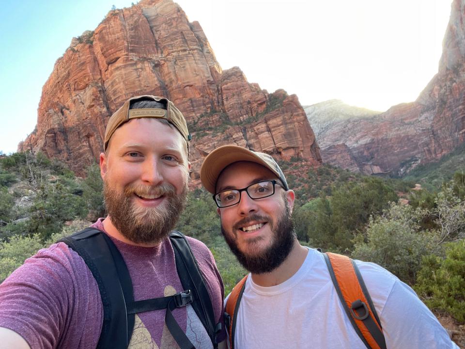 Timothy Moore and husband trent at beginning of Angels Landing hike