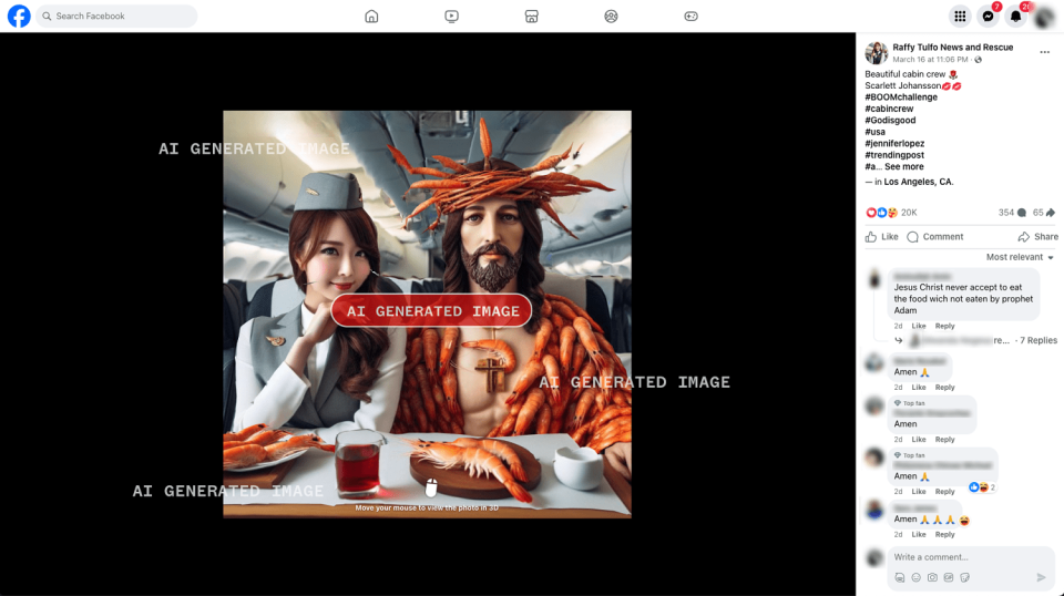 A screenshot of AI-generated art featuring a female flight attendant and a version of Jesus clothed in shrimp (Facebook)