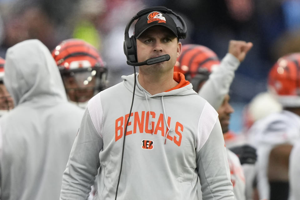 Cincinnati Bengals head coach Zac Taylor walks the sidelines during the second half of an NFL football game against the Tennessee Titans, Sunday, Nov. 27, 2022, in Nashville, Tenn. (AP Photo/Gerald Herbert)