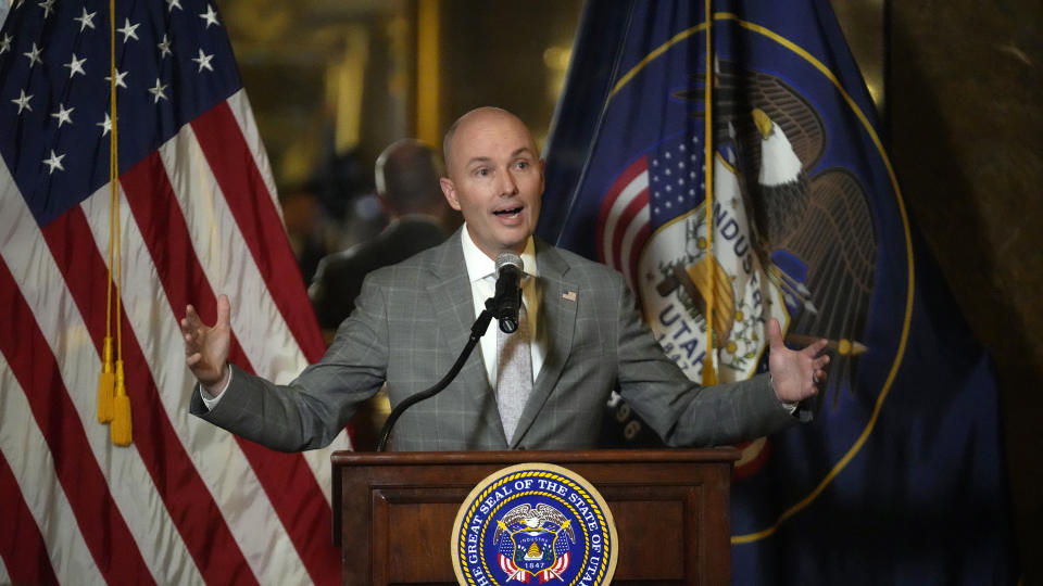 Utah Gov. Spencer Cox speaks during a news briefing during the final day of the Utah Legislature, Friday, March 1, 2024, in Salt Lake City. (AP Photo/Rick Bowmer)