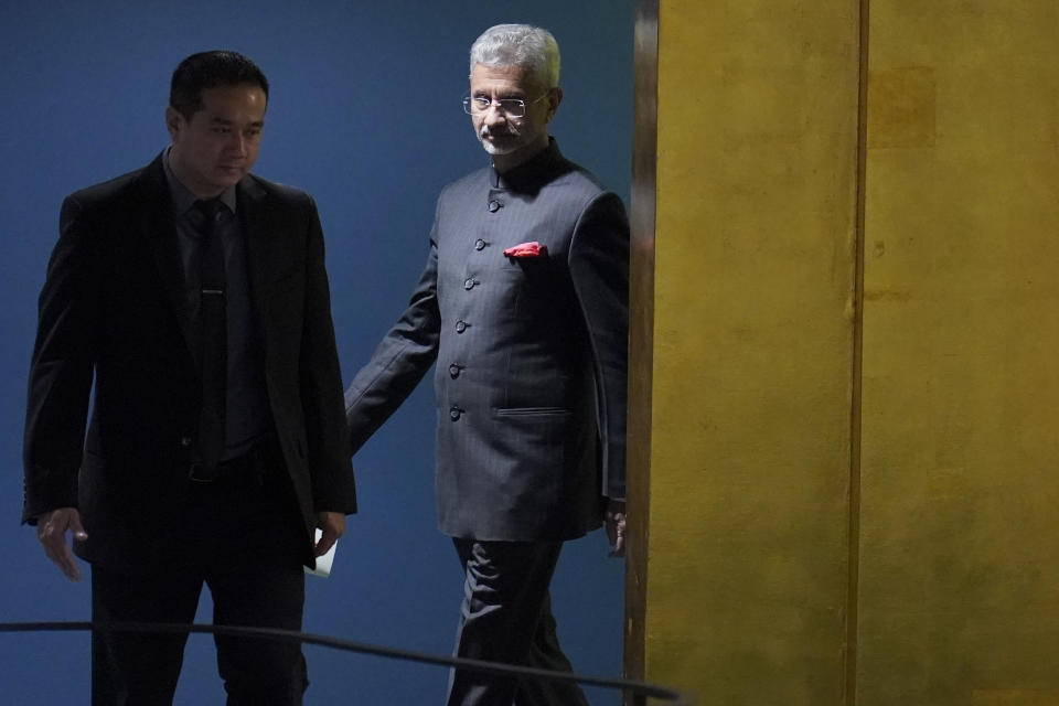 Foreign Minister of India Subrahmanyam Jaishankar, center, is escorted as he arrives to address the 77th session of the United Nations General Assembly, Saturday, Sept. 24, 2022 at U.N. headquarters. (AP Photo/Mary Altaffer)