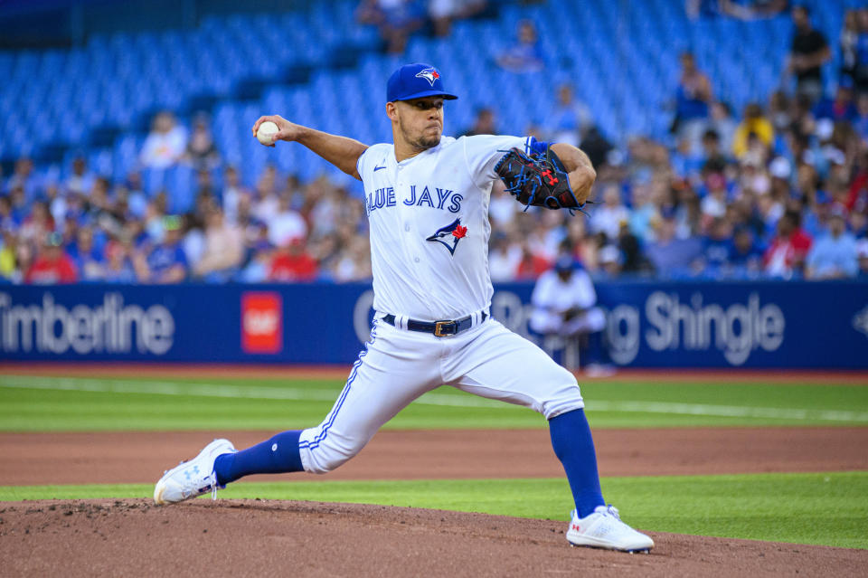 Toronto Blue Jays starting pitcher Jose Berrios throws to a Philadelphia Phillies batter during the first inning of a baseball game Tuesday, July 12, 2022, in Toronto. (Christopher Katsarov/The Canadian Press via AP)