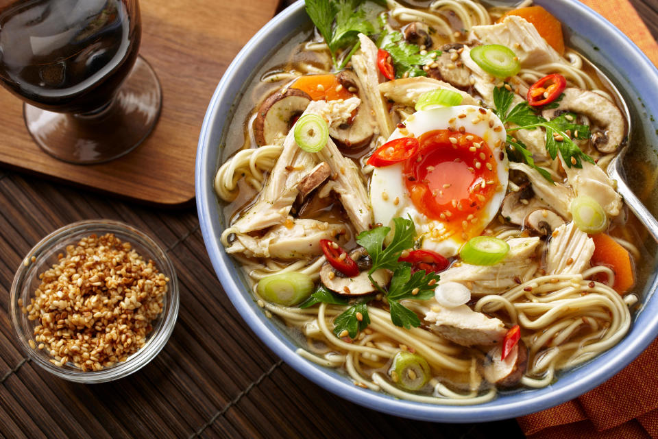 Turkey Ramen in a Blue Bowl