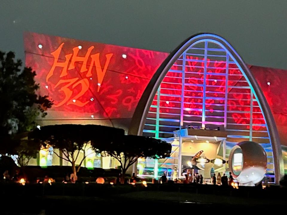 HHN 32 is projected onto the Men in Black Alien Attack building at Universal Studios Florida. This is the event's 32nd annual event in Orlando.