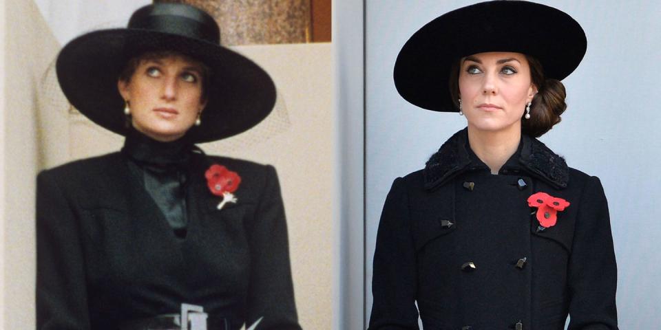 <p>Diana attends a Remembrance Sunday service in 1991, honoring fallen British troops. Kate replicated her somber black ensemble (and her gaze) at the same ceremony 25 years later. </p>