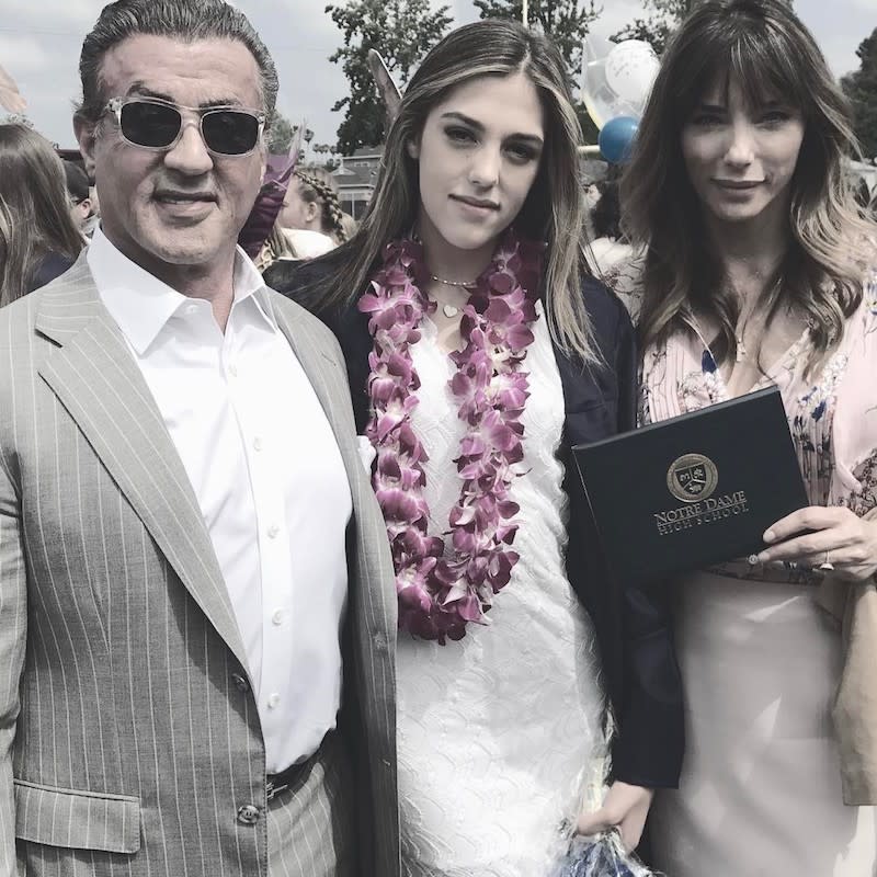 <p>Sly and his wife, Jennifer Flavin, were beaming when daughter Sistine collected her high school diploma this week. “Our Sistine graduates!” exclaimed the actor. “Congratulations to a wonderful young lady!” (Photo: <a rel="nofollow noopener" href="https://www.instagram.com/p/BUmzcd6DPKq/" target="_blank" data-ylk="slk:Sylvester Stallone via Instagram;elm:context_link;itc:0;sec:content-canvas" class="link ">Sylvester Stallone via Instagram</a>) </p>