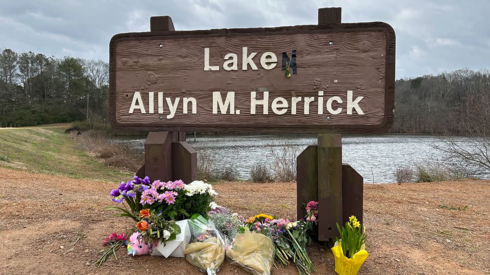 A makeshift memorial for Laken Riley is seen at Lake Herrick in Athens, Georgia, where she often went jogging. - Thomas Lake/CNN