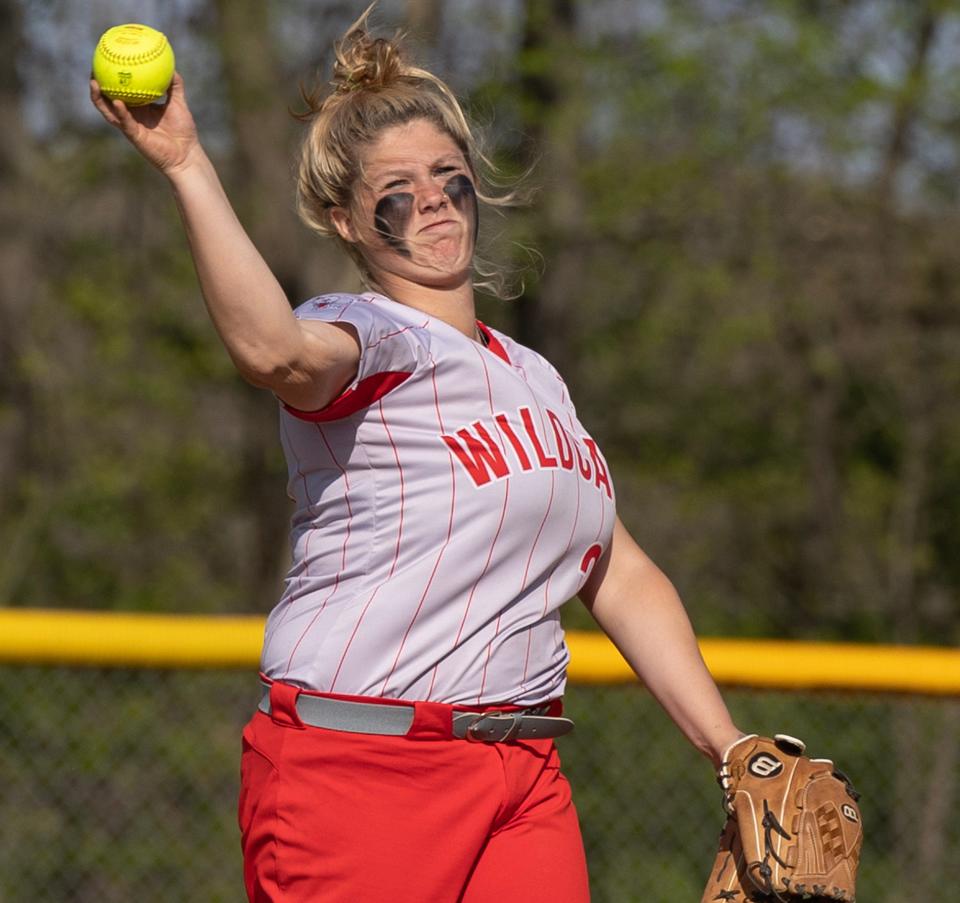 Canton South's Evelyn Lynn throws to home plate in the second inning against Mentor Lake Catholic at Canton South Tuesday, May 10, 2023.