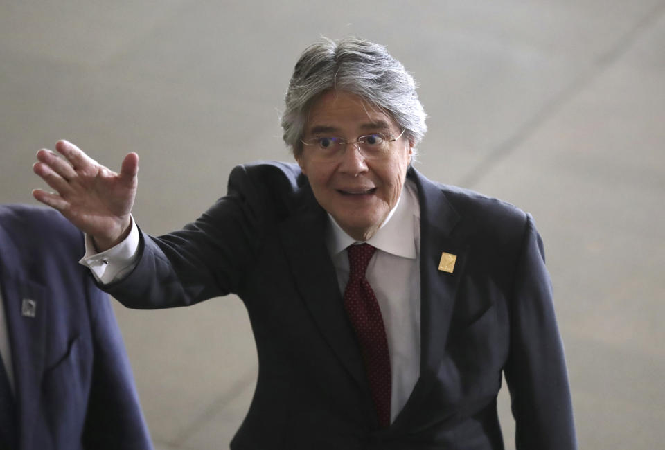 Ecuador's President Guillermo Lasso arrives for the South American Summit at Itamaraty palace in Brasilia, Brazil, Tuesday, May 30, 2023. South America’s leaders are gathering as part of President Luiz Inácio Lula da Silva’s attempt to reinvigorate regional integration efforts. (AP Photo/Andre Penner)