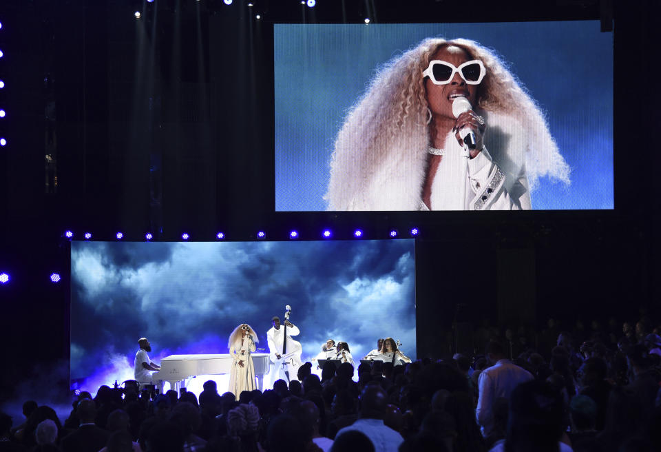 Lifetime achievement award winner Mary J. Blige performs a medley at the BET Awards on Sunday, June 23, 2019, at the Microsoft Theater in Los Angeles. (Photo by Chris Pizzello/Invision/AP)