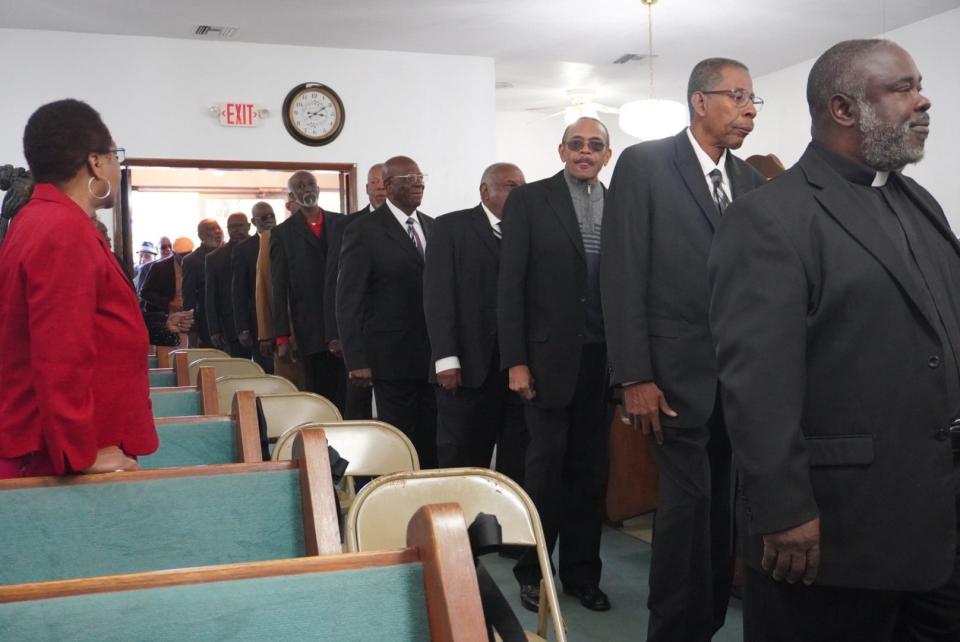 Men during the inaugural 50 Men of Valor For The Kingdom program participated in a processional walk at Mount Olive Primitive Baptist Church on Sunday.
(Credit: Photo by Voleer Thomas)