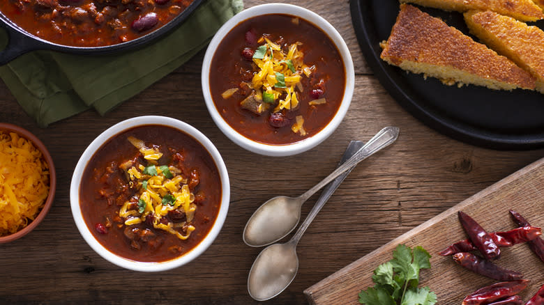 Bowls of chili and cornbread