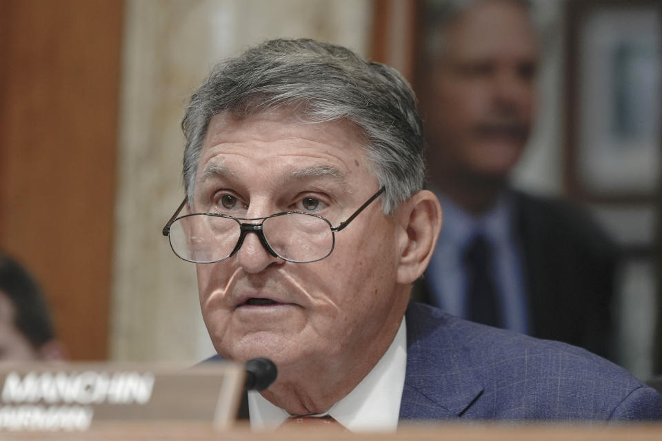 FILE - Sen. Joe Manchin, D-W.Va., asks a question during a Senate Energy and Natural Resources Committee hearing to examine the president's proposed 2025 Department of the Interior budget on Capitol Hill, May 2, 2024, in Washington. Manchin says he has registered as an independent, raising questions about his future political plans. (AP Photo/Mariam Zuhaib, File)