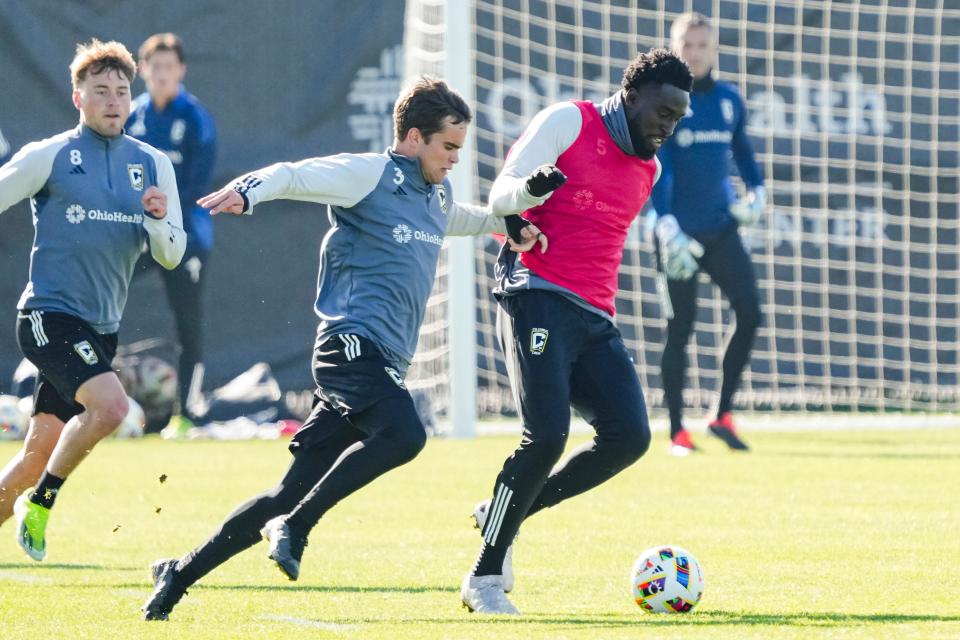 Crew defender Derrick Jones, right, fights for a ball with defender Will Sands during preseason training at the OhioHealth Performance Center.