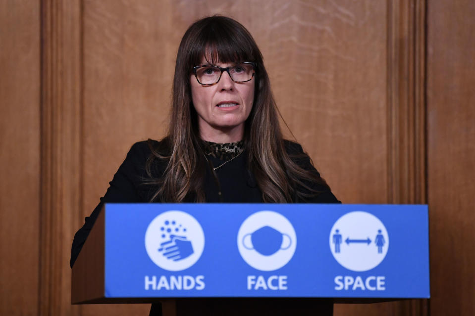 LONDON, ENGLAND - NOVEMBER 16: Dr Susan Hopkins speaks during a virtual press conference on the latest coronavirus (COVID-19) developments at Downing Street on November 16, 2020 in London, England. UK Health Secretary, Matt Hancock hosts today's virtual press conference on Coronavirus as the Prime Minister Boris Johnson and five other MPs are self-isolating.  The five MPs and two aides met with MP Lee Anderson who has subsequently tested positive for Covid-19.  (Photo by Stefan Rousseau - WPA Pool/Getty Images)