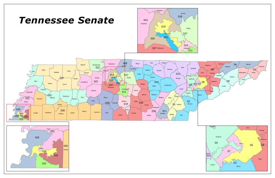 Proposed Tennessee Senate district maps.