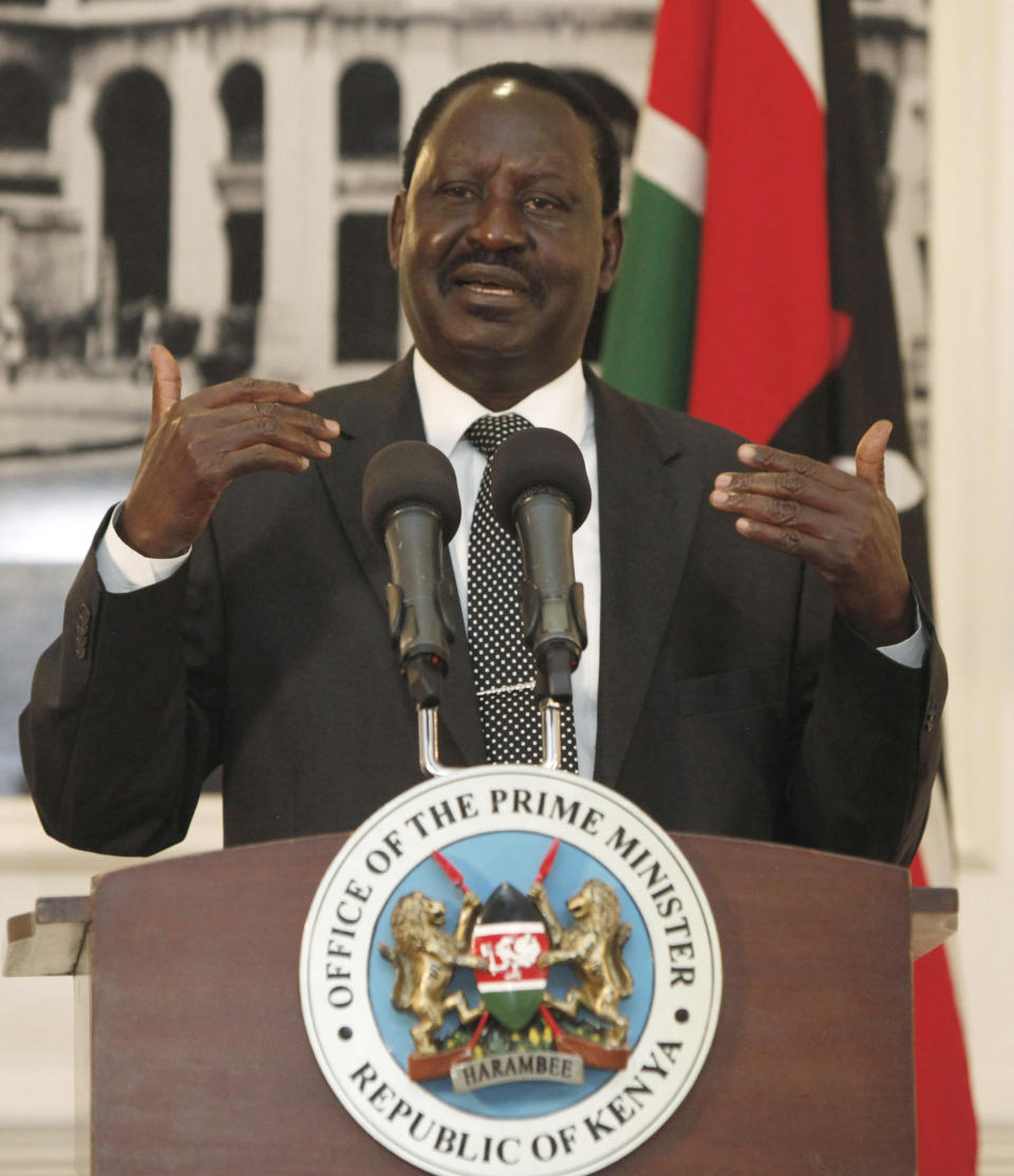 Kenyan Prime Minister, Raila Odinga, gestures as he addresses the foreign journalists in Nairobi, Kenya, Tuesday, June 12, 2012. Odinga said that Kenyan forces are preparing for a "final onslaught" on the Somali port town of Kismayo, which is controlled by al-Shabab militants, and Odinga said that they are seeking U.S. and European assistance to aid in the planned operation.(AP Photo/Sayyid Azim)