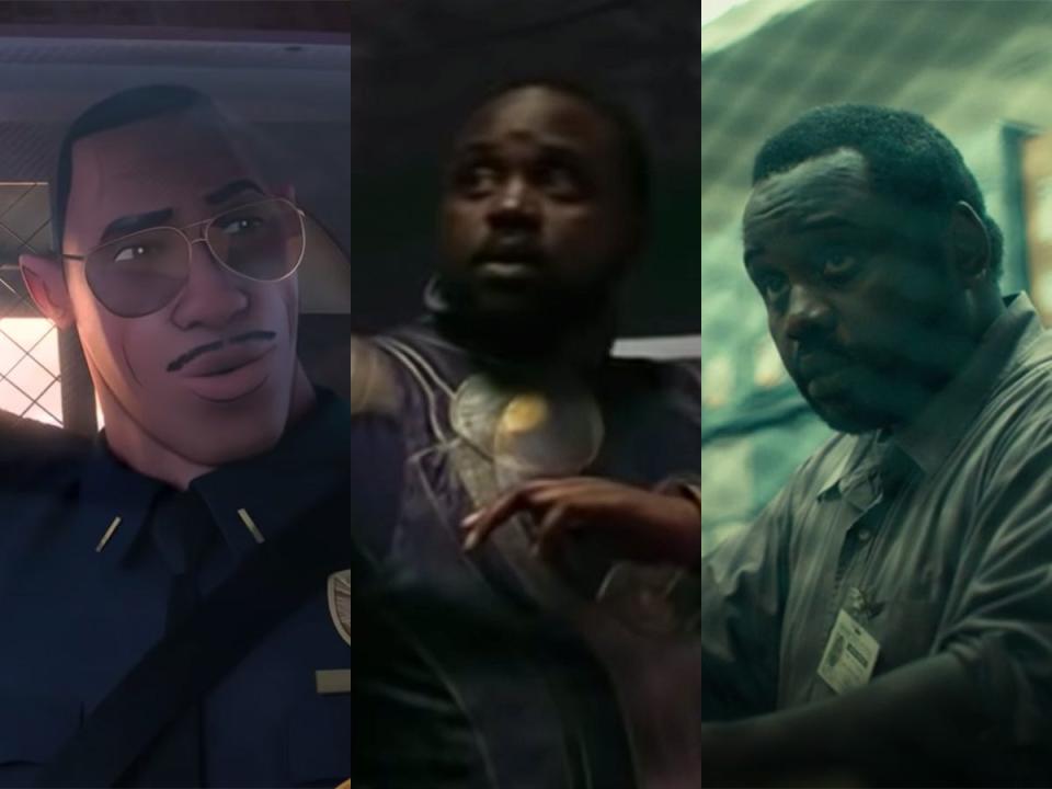 From left: Jefferson Davis, voiced by Brian Tyree Henry, in "Spider-Man: Into the Spider-Verse," Henry as Phastos in "Eternals," and Henry as Carl in "Joker."