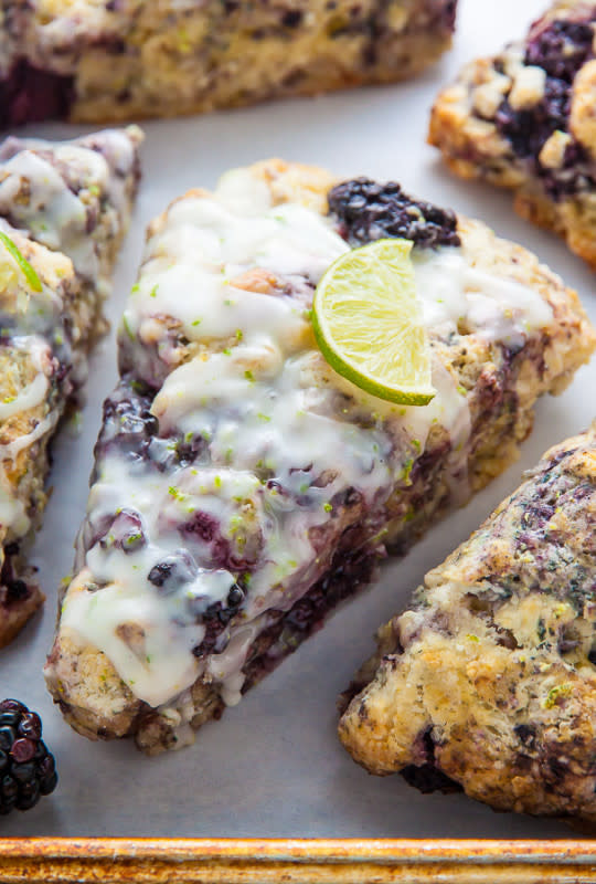 <p>Baker by Nature</p><p>These blackberry lime scones are flaky and loaded with fresh blackberries! The lime glaze makes them extra delicious.</p><p><strong>Get the recipe: <a href="https://bakerbynature.com/blackberry-lime-scones/" rel="nofollow noopener" target="_blank" data-ylk="slk:Blackberry Lime Scones;elm:context_link;itc:0;sec:content-canvas" class="link rapid-noclick-resp">Blackberry Lime Scones</a></strong></p>