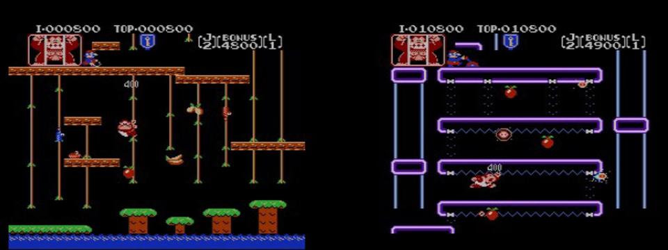 1982: Verkehrte Welt! War im Spielhallen-Meilenstein "Donkey Kong" der Affe der Widersacher, übernahm Mario in "Donkey Kong Jr." zum ersten und einzigen Mal die Rolle des Bösewichts. Der Mützenmann hielt den Oberaffen in einem Käfig gefangen. Spieler schlüpften in die haarige Haut des Gorilla-Juniors und sollten den Primaten-Papa befreien. (Bild: Nintendo)