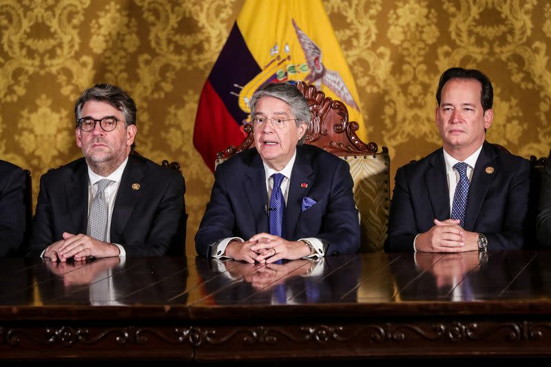 Ecuador's President Guillermo Lasso addresses the nation after he dissolved the National Assembly, in Quito