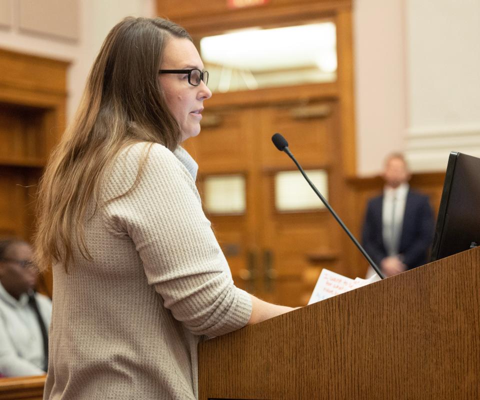 Karrie DeWalt, mother of Grace N. DeWalt, speaks on her daughter's behalf in Judge Frank Forchione's courtroom Tuesday.