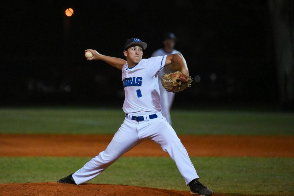 Park Vista pitcher Jacob Esgro (8) delivers a pitch during the Class 7A District 12 semifinal between host Santaluces and Park Vista in Lake Worth, FL., on Tuesday, May 3, 2022. Final score, Park Vista, 9, Santaluces, 6.