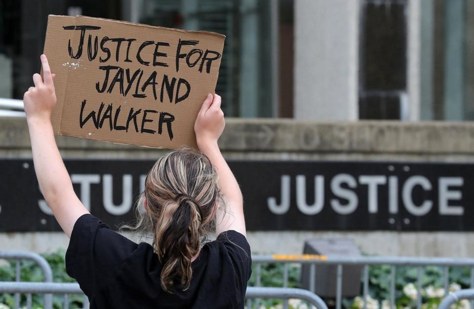 A protester calls for justice for Jayland Walker during a demonstration July 4 outside the Harold K. Stubbs Justice Center in Akron.