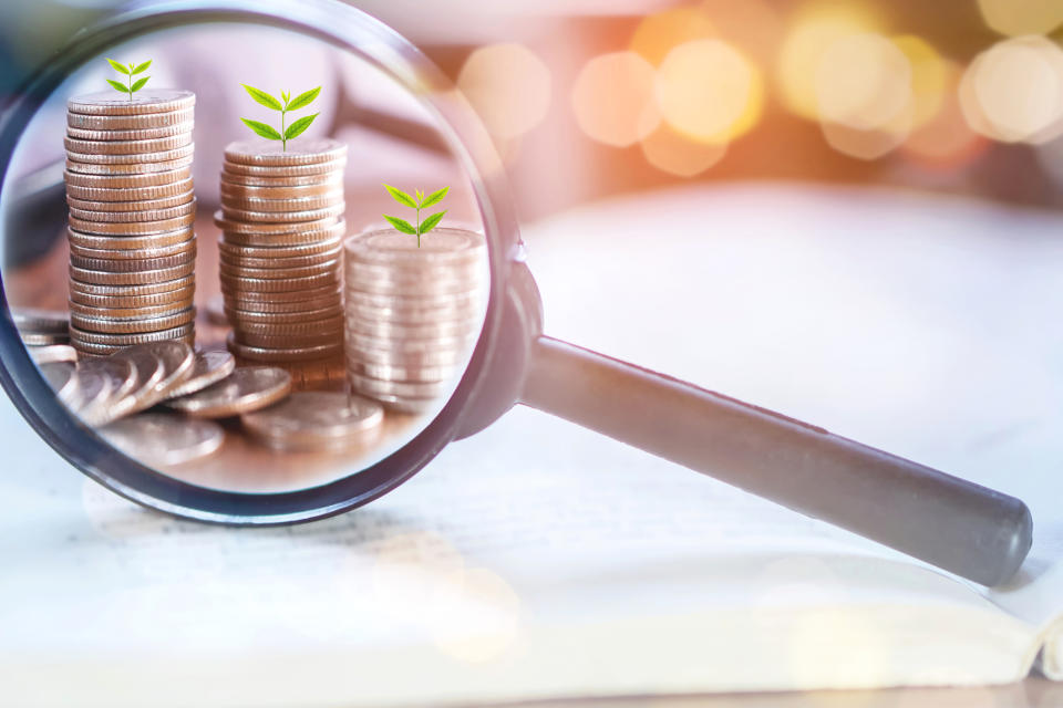 A magnifying glass showing stacks of coins with plants growing out of them.