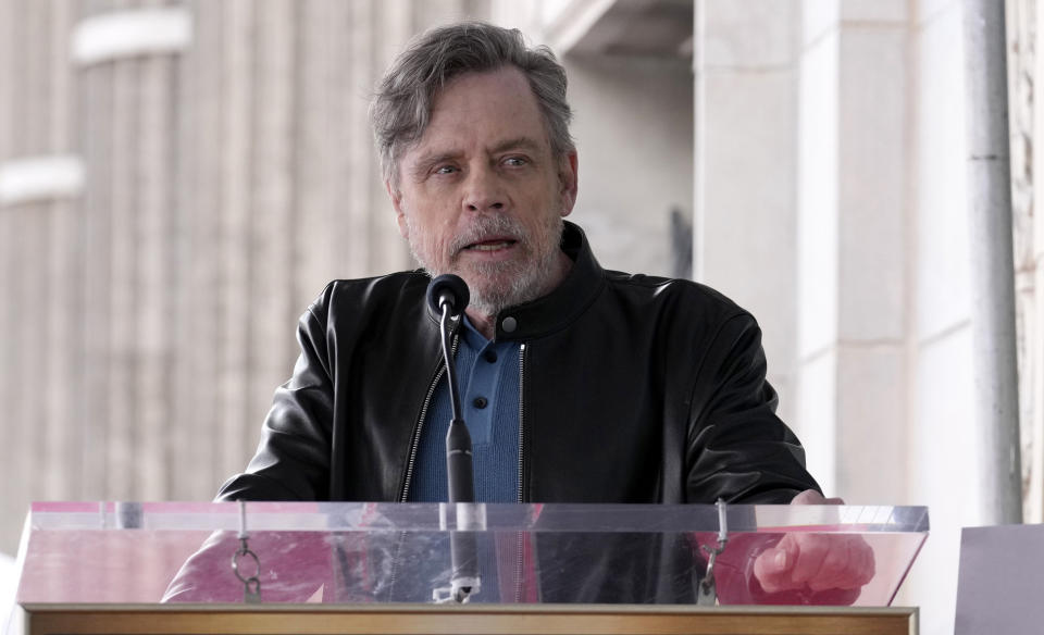 FILE - Mark Hamill speaks in Los Angeles, May 4, 2023, also known as May the Fourth, in tribute to the "Star Wars" films. Celebrities including Hamill are increasingly lending their star power to President Joe Biden, hoping to energize fans to vote for him in November 2024 or entice donors to open their checkbooks for his reelection campaign. (AP Photo/Chris Pizzello, File)