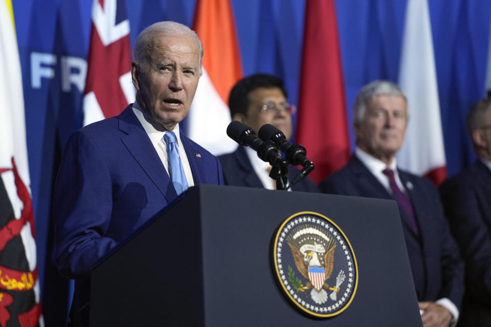 President Joe Biden speaks after the Indo-Pacific Economic Framework family photo at the Asia-Pacific Economic Cooperation summit, Thursday, Nov. 16, 2023, in San Francisco. (AP Photo/Godofredo A. Vásquez)