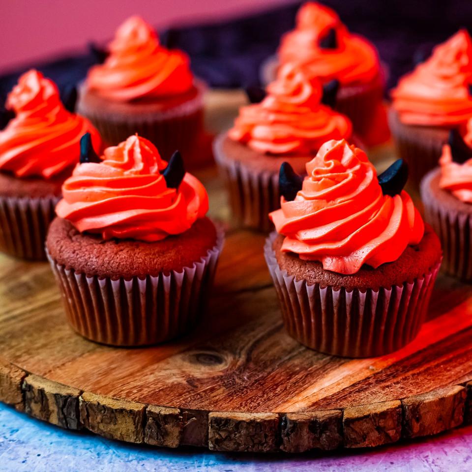 <p>Get spooky with these oozing red velvet Halloween cupcakes. </p><p><strong>Recipe: <a href="https://www.goodhousekeeping.com/uk/food/recipes/a41212685/devil-cupcakes/" rel="nofollow noopener" target="_blank" data-ylk="slk:Devil Cupcakes;elm:context_link;itc:0;sec:content-canvas" class="link ">Devil Cupcakes</a></strong></p>