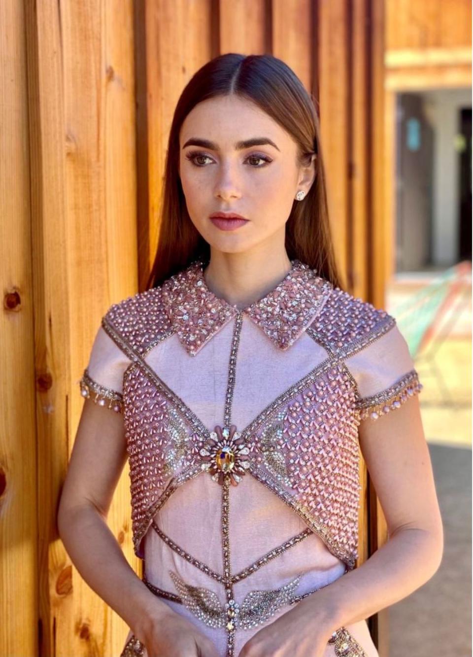 Lily Collins is seen in her award show look for the 27th Annual Screen Actors Guild Awards in 2022