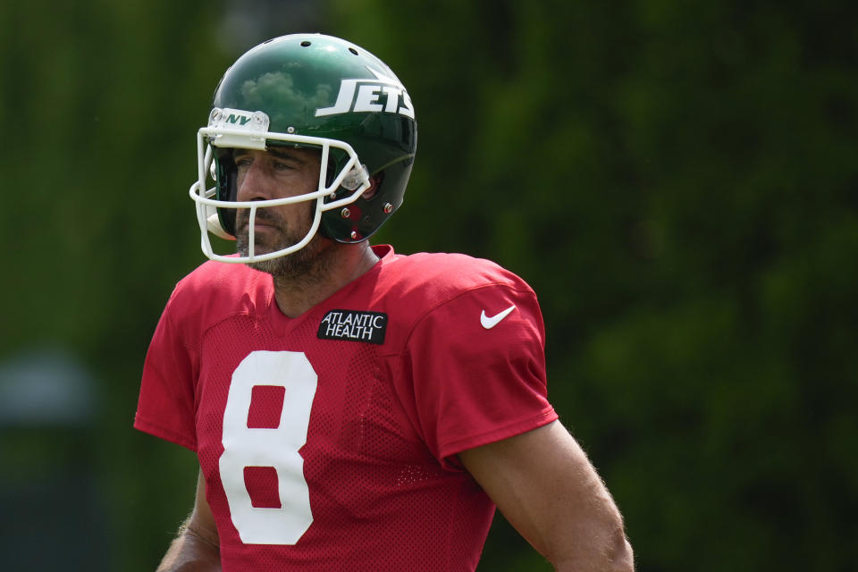 New York Jets quarterback Aaron Rodgers participates in a workout at the NFL football team's training facility in Florham Park, NJ, Tuesday, July 30, 2024. (AP Photo/Seth Wenig)