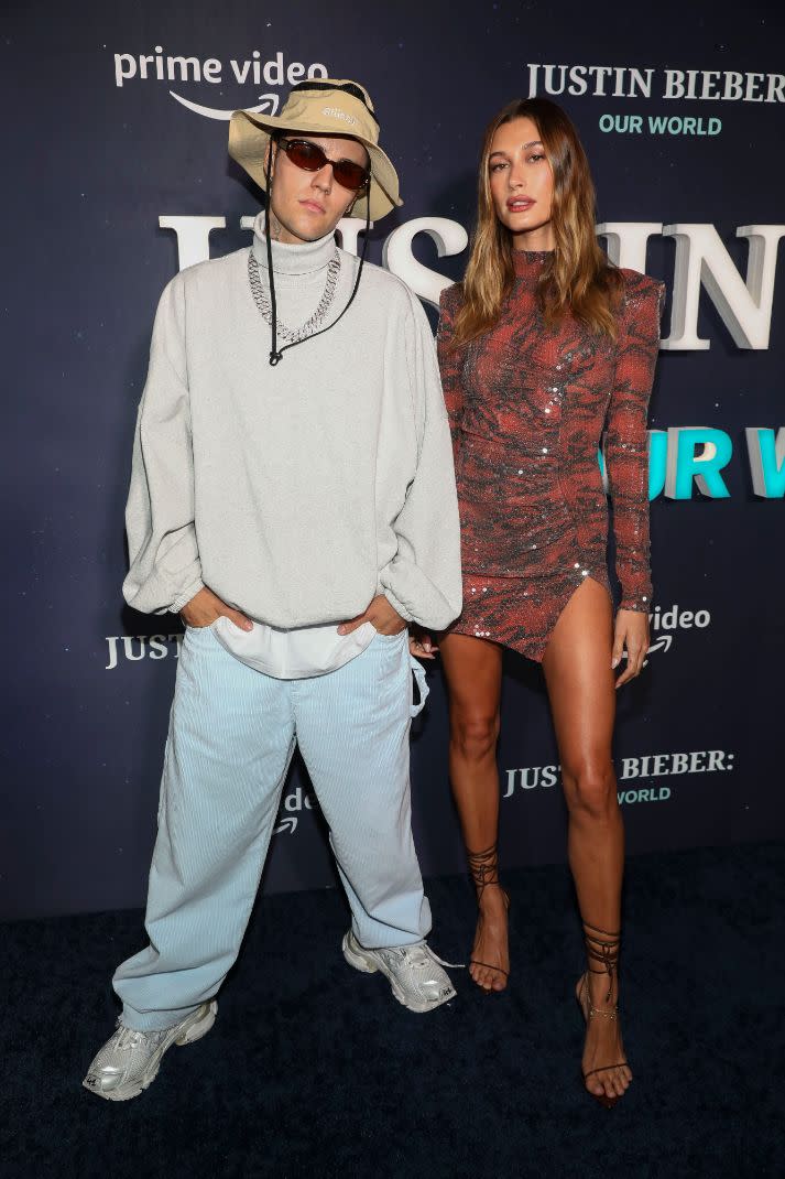 Justin Bieber and Hailey Baldwin attend the “Justin Bieber: Our World” premiere at Edge at Hudson Yards on Tuesday, Sept. 14, 2021, in New York. - Credit: AP