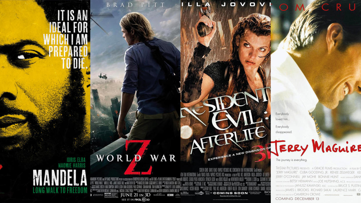  Four movie posters including Mandela, World War Z, Resident Evil and Jerry Maguire 
