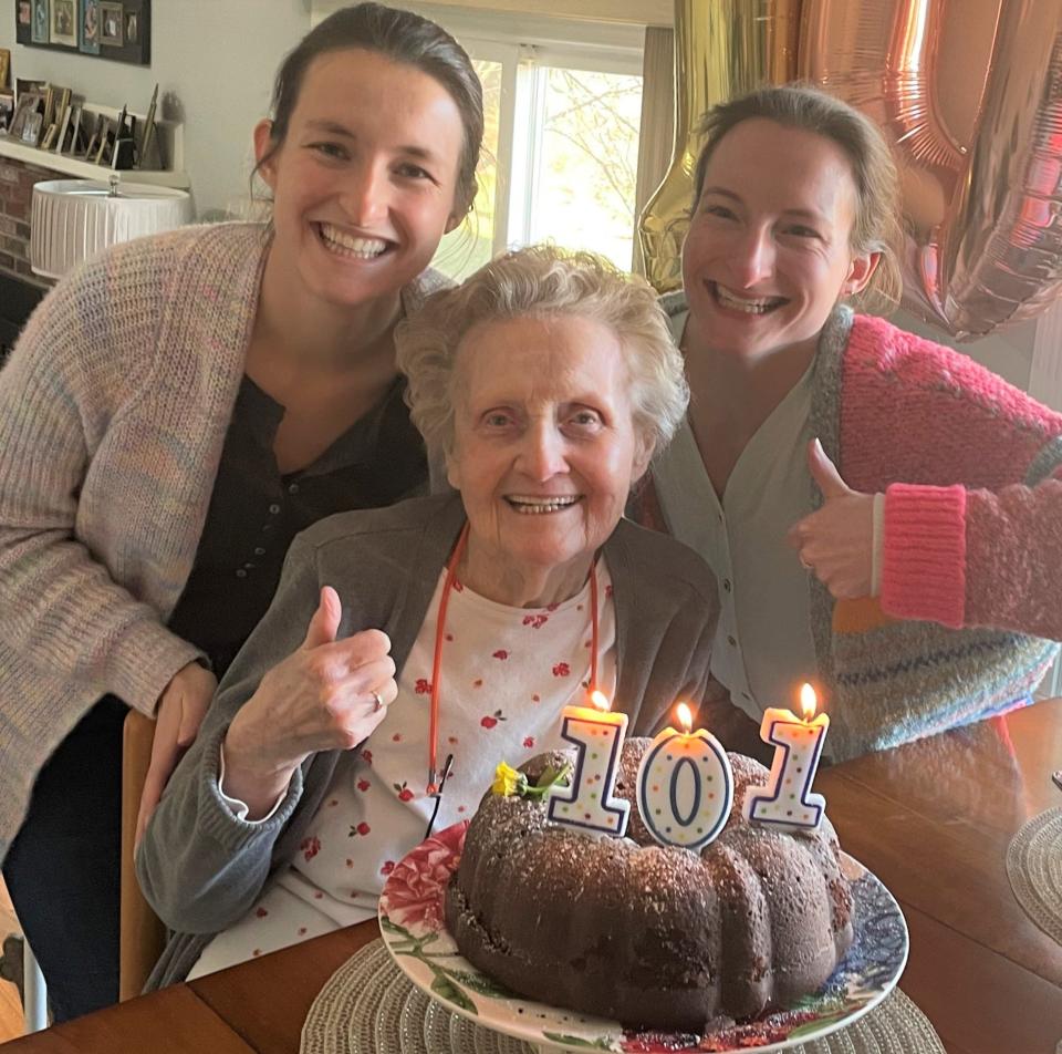 Mary Montminy, center, of Quincy who turned 101 on Feb. 7, 2023 with her twin granddaughters, Julie and Jackie Montminy, who turned 26 in March. Both are teachers< Jackie in Cambridge and Julie in Dorchester.