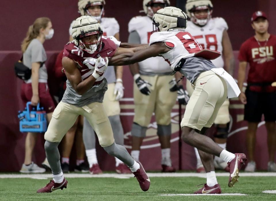 FSU freshman defensive back Azareye'h Thomas (20) practices on Tuesday, Aug. 2, 2022 in Tallahassee, Fla.