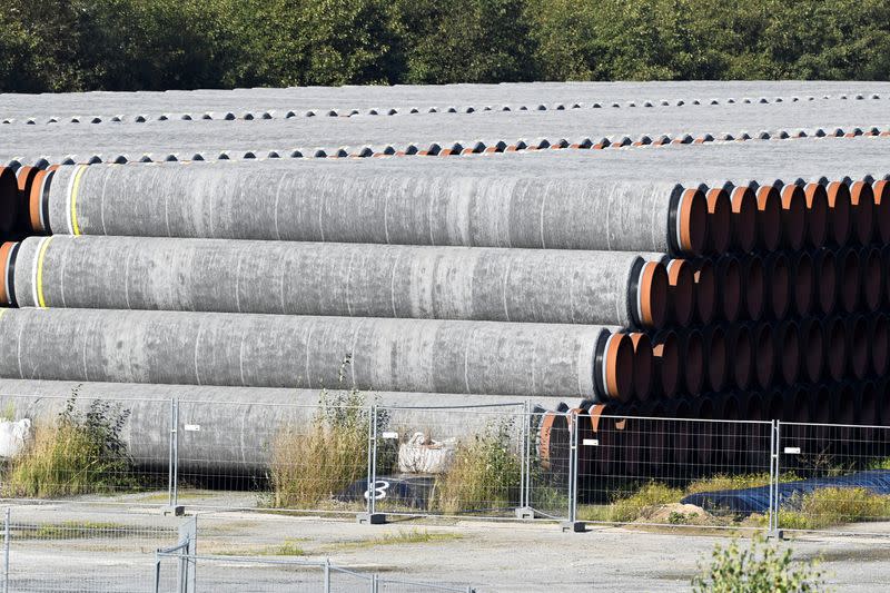 Pipes for the Nord Stream 2 gas pipeline in the Baltic Sea, which are not used, are seen in the harbour of Mukran