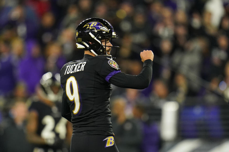 Baltimore Ravens' Justin Tucker celebrates kicking a field goal during the second half of an NFL football game against the Cincinnati Bengals, Sunday, Oct. 9, 2022, in Baltimore. (AP Photo/Julio Cortez)