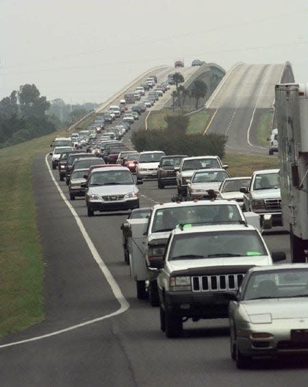 Traffic backs up along Florida A1A coming off of Amelia Island as evacuees flee Hurricane Floyd in 1999. Many likely later encountered even more massive traffic jams as they tried to get out of the storm's path.