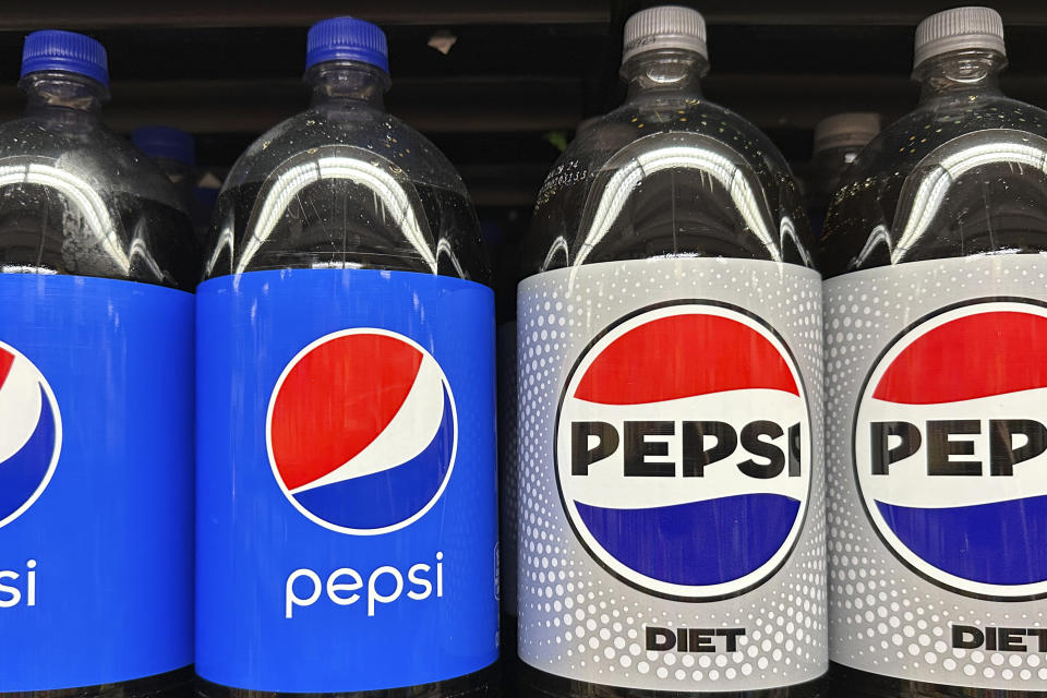 FILE - Pepsi soft drinks in plastic bottles are on sale at a grocery store, Wednesday, Nov. 15, 2023, in New York. New York state sued PepsiCo on Wednesday, Nov. 15, in an effort to hold the soda-and-snack food giant partly responsible for litter that winds up in bodies of water that supply the city of Buffalo with drinking water. (AP Photo/Ted Shaffrey, File)