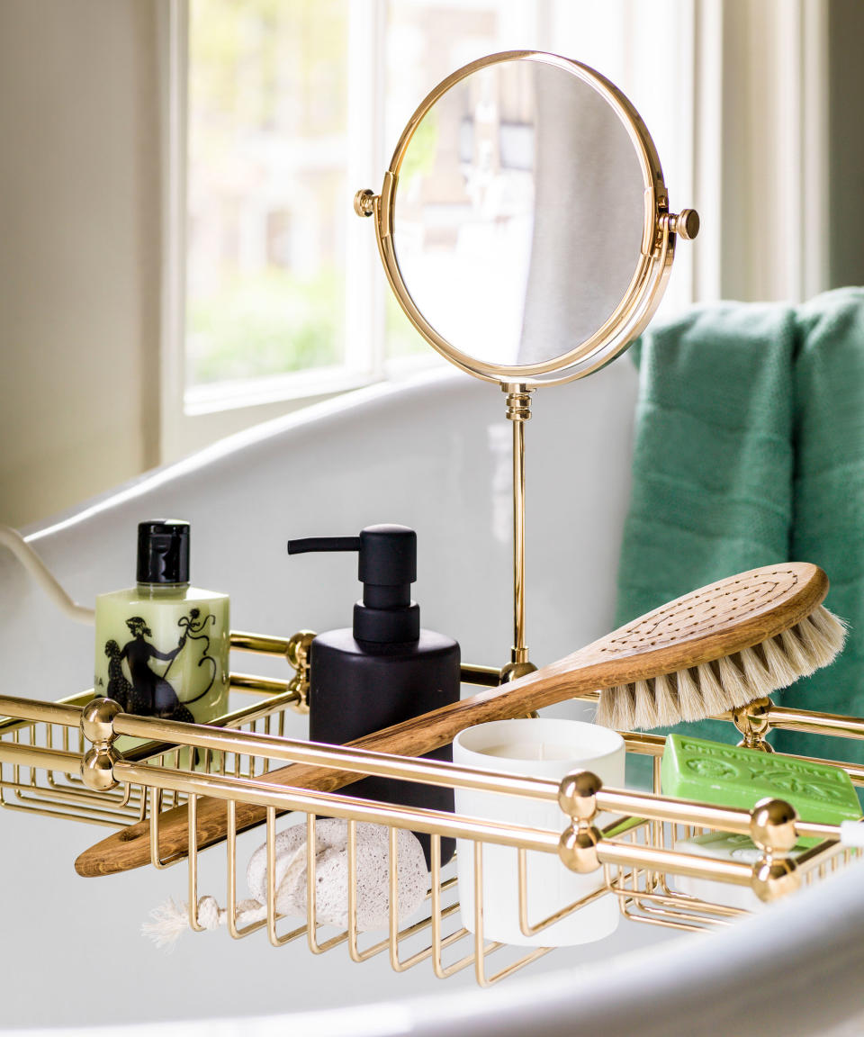 bath with storage rack, mirror and body brush