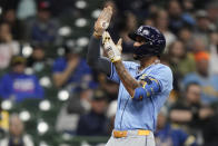 Tampa Bay Rays' Jose Siri gestures after hitting a solo home run during the third inning of a baseball game against the Milwaukee Brewers Tuesday, April 30, 2024, in Milwaukee. (AP Photo/Aaron Gash)