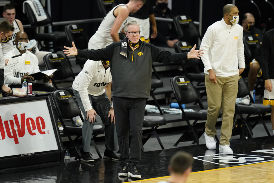 Iowa head coach Fran McCaffery reacts to a call during the first half of an NCAA college basketball game against Penn State, Sunday, Feb. 21, 2021, in Iowa City, Iowa. (AP Photo/Charlie Neibergall)