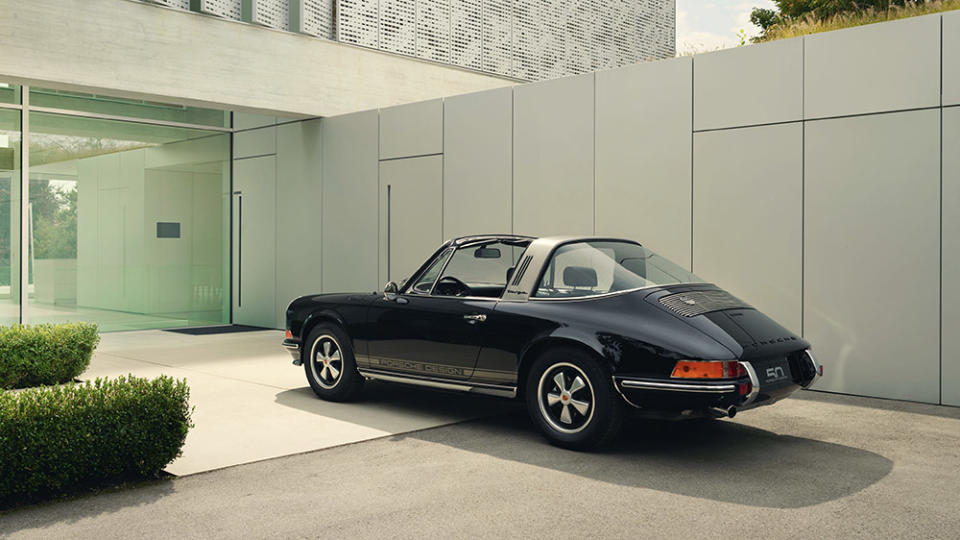 A rear 3/4 view of Porsche Classic x Porsche Design 50th-Anniversary 1972 911 S 2.4 Targa