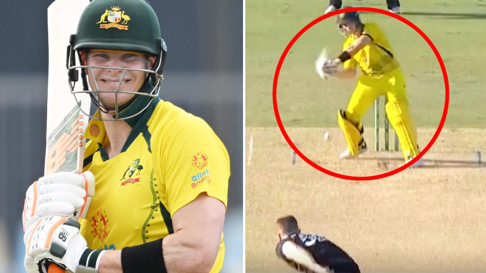 Seen here, Aussie batter Steve Smith smashes Kiwi quick Jimmy Neesham for six.